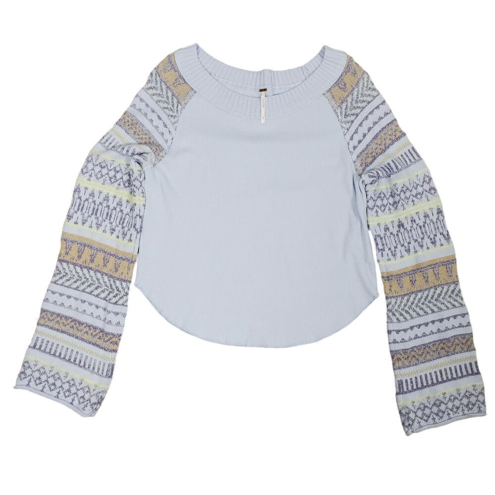 Free People Pastel Blue Sweater with Patterned Sleeves
